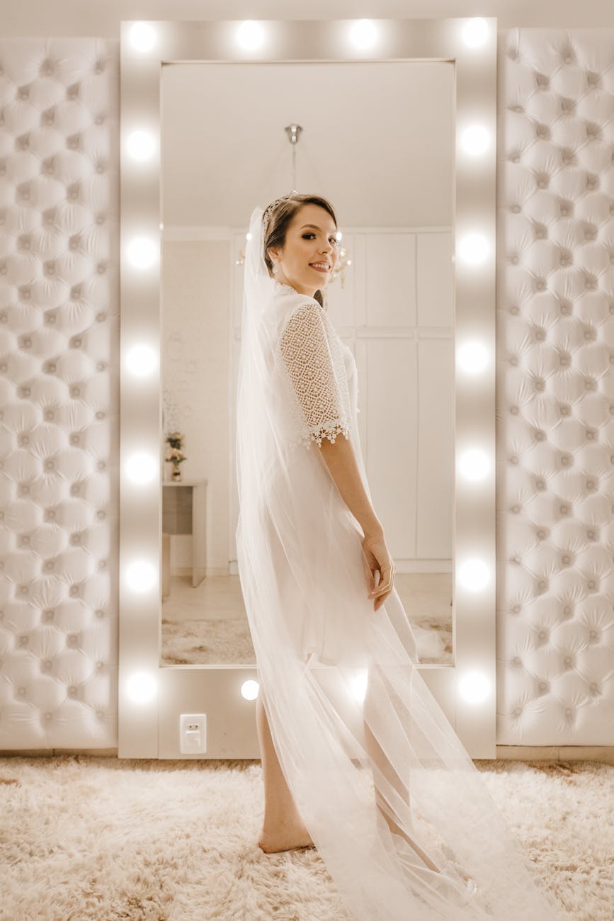 beautiful bride in long white wedding gown